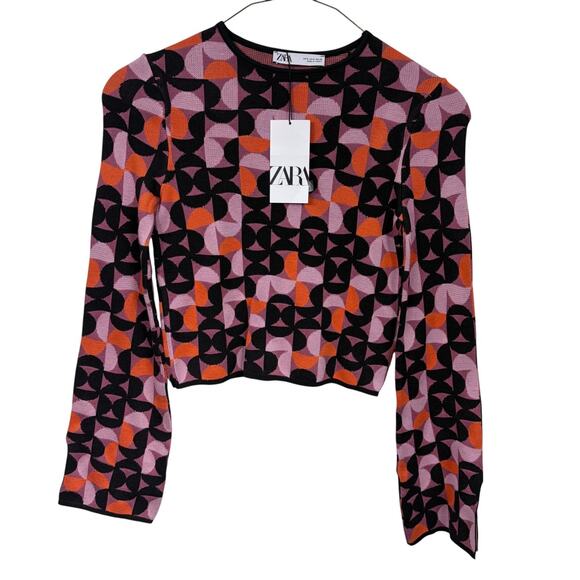 Zara Geometric Jacquard Knit Sweater Sz S Black Orange Pink Long Sleeve Cropped - Picture 2 of 7